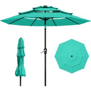 9FT 3 Tiers Patio Umbrella With Auto Tilt And Crank, Outdoor Table Market Umbrella with 8 Sturdy Ribs for Garden, Lawn, Deck, Backyard and Pool