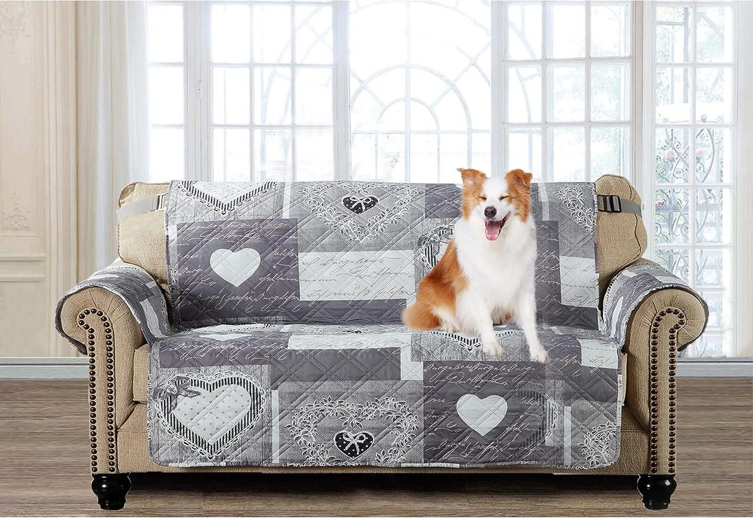Brilliant Sunshine Grey Heart Love Patchwork Couch Cover, Quilted Oversized Loveseat Slipcover, 54" Seat Width, Slip Resistant Furniture Protector, 2" Strap, Washable Couch Cover for Pets, Kids, Grey