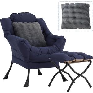 Large Lazy Chair with Ottoman, Accent Reading Chair with a Throw Pillow, Cozy Lounge Chair with Armrest, Leisure Sofa Chair for Living Room, Bedroom, Dorm, Navy Blue