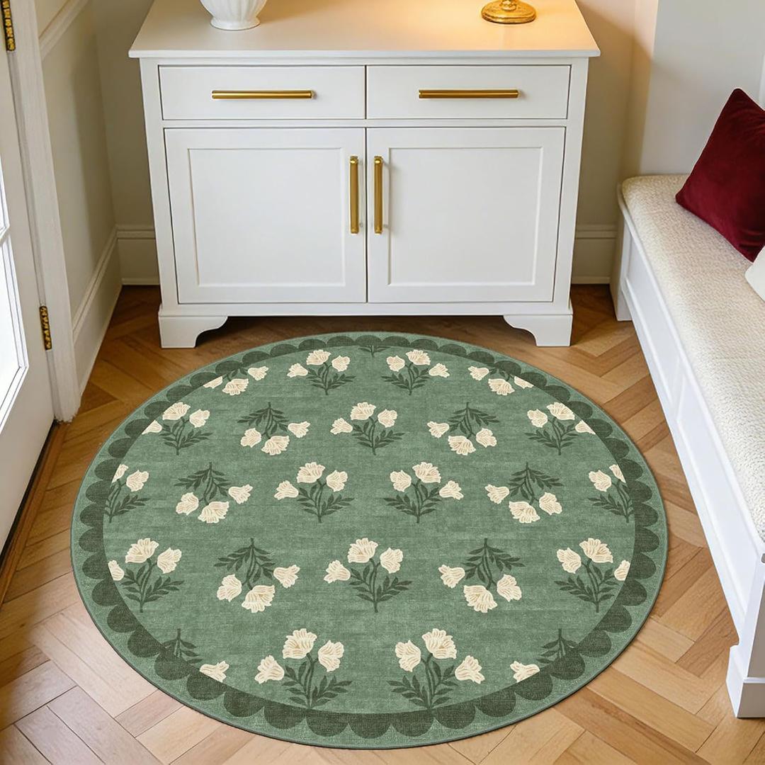 Sage Green 3ft Entryway Round Rug - 3x3 Small Washable Boho Floral Scalloped Round Bathroom Rug Non Slip Front Door Mat Indoor Stain Resistant Circle Area Rugs for Bedroom Entryway Kitchen