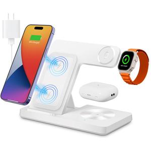 Wireless Charger, 3 in 1 Charging Station for Multiple Devices, Wireless Charging Stand for iPhone 8-17 Series, iWatch 2-10 Series/ Ultra/ SE, AirPods4/ 3/ 2/ Pro(White)