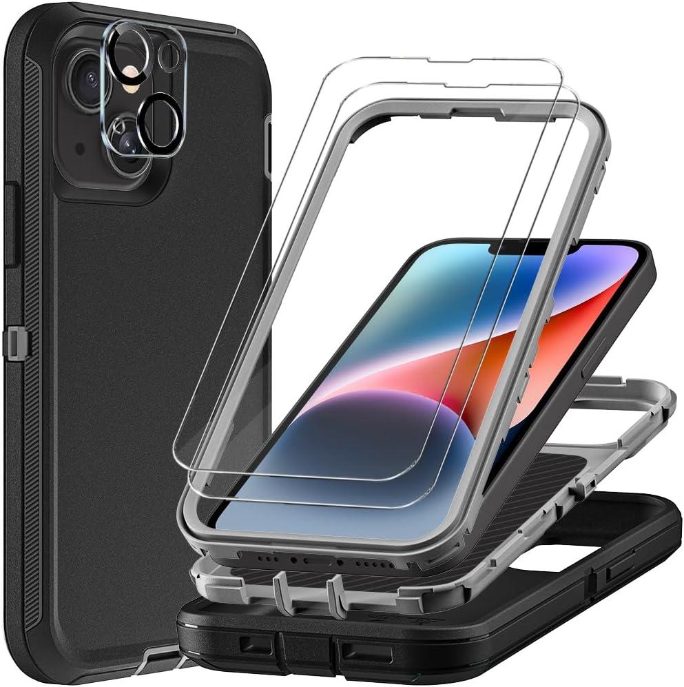 for iPhone 13 Case with 2Pcs Tempered Glass Screen Protector and 1Pcs Camera Lens Protector, Military Grade 3 in 1 Heavy Duty Shockproof/Drop Proof/Dust Proof Case (Black/Grey)