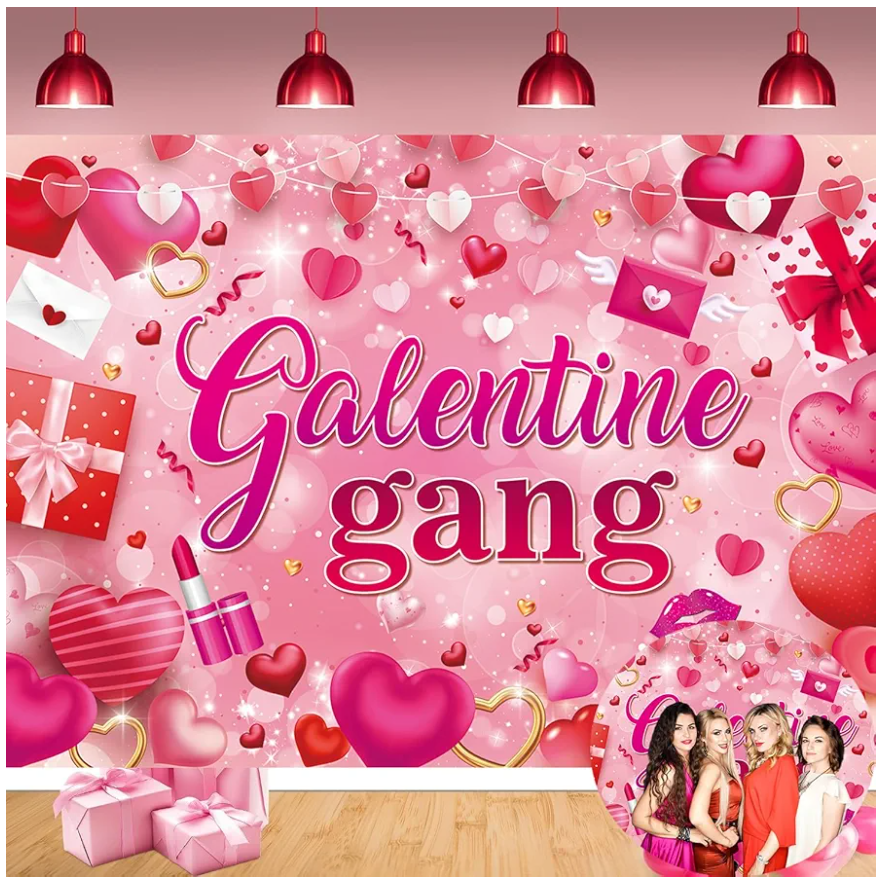 Galentine Gang Banner Backdrop 8x6FT Galentines Day Pink Cosmetics Love Heart Photography Background Valentines Girls Bestie Friend Theme Party Decorations Photo Props