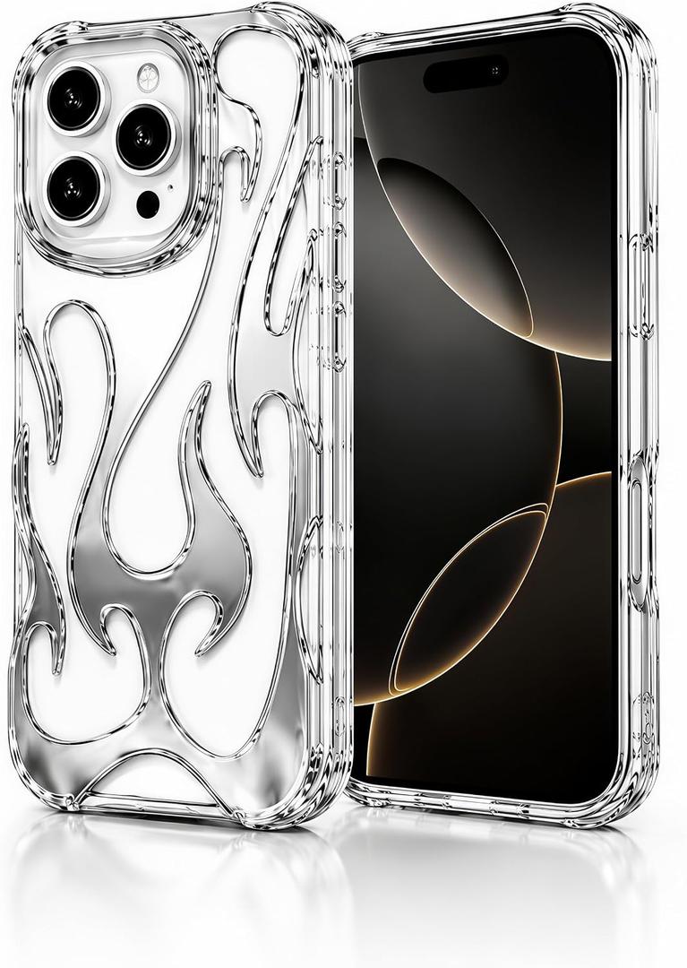 Fashion Flame Bumper Case for iPhone 16 Pro, [3D Luxury Electroplate Glittery] [Hollow Heat Dissipation Design] Slim Fit Shockproof Protective Soft Cover -Silver