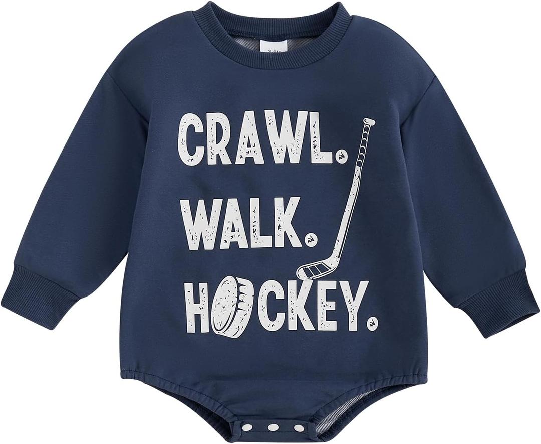Crawl Walk Hockey Baby Boy Girl Romper Long Sleeve Retro Future Hockey Player Bodysuit Newborn Infant Sports Outfit (Dark Blue, 12-18 Months)