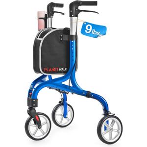 PLANET WALK Super Lightweight 3 Wheel Walkers for Seniors - 9 lbs Foldable Aluminum Frame, Triangular Anti-Tip Frame enhances Stability, 8" All-Terrain Wheels Rollator Walker with Cup Holder Blue