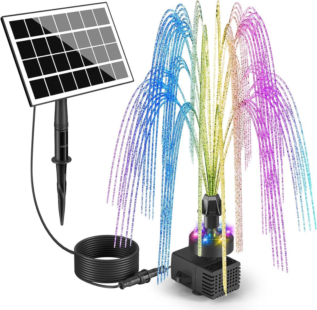 SZMP Solar Fountain Pump, 2025 Upgraded 3.5W Colorful Lights Solar Water Fountain, 7 Nozzles & 16.4ft Power Cord, Bird Bath, Small Pond, Fish Tank