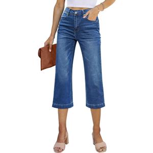 Sidefeel Women's Wide Leg Jeans High Waisted Stretchy Capri Pants (12, Blue)