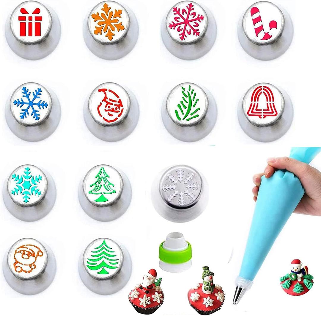 15PCS Christmas Piping Tips - Russian Icing Nozzles with Snowman, Snowflake, Christmas Tree, Santa Claus Patterns for Cupcake & Birthday Party