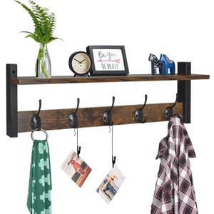 Coat Rack with Wall Mount, 24 Inch Long Entryway Wall Shelf with Hooks, Wood Hanger with Storage Shelf for Bathroom, Hallway, Rustic Brown Black