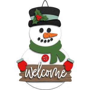 2 x Handcrafted Snowman Welcome Door Hanger Sign - Festive Winter Christmas Home Decor Door Decorations