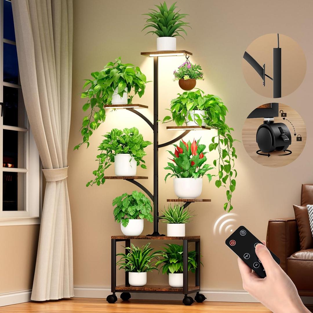 ManGuish Plant Stand Indoor with Grow Lights & Wheels, 60" Tall 7-Tiered Mobile Corner Plant Shelf for Indoor Plants, Metal Tree-Shaped Plant Rack for Living Room, Patio, Balcony, Black