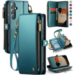 Defencase for Galaxy S25 Case Wallet with RFID Blocking Card Holder for Women Men, Elegant PU Leather Magnetic Snap Flip Wristlet Strap Zipper Wallet Phone Cases for Samsung Galaxy S25 5G 6.2", Green