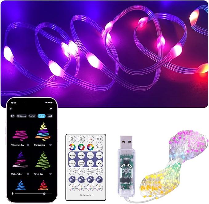 DIY RGB+IC USB Fairy Lights, Color Changing LED String Lights with Bluetooth APP and Remote Control, IP65 Waterproof Good for Outdoor/Indoor Decor (RGB+IC, 50ft/150 LEDs)