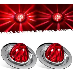Partsam 2Pcs Red Glass Lens Watermelon Lights Kit LED Stop Turn Tail Lights with Stainless Steel Bezel and Base Replacement for Peterbilt Freightliner Trucks Trailers RVs Motohomes