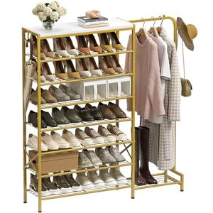  UNITSTAGE Shoe Rack with Coat Rack, 8 Tier Tall Shoe Storage Organizer with Hooks, 3-in-1, Wooden Top Shelf, Sturdy Frame, Metal Clothes Hanger Stand for Entryway, Closet, Gold 