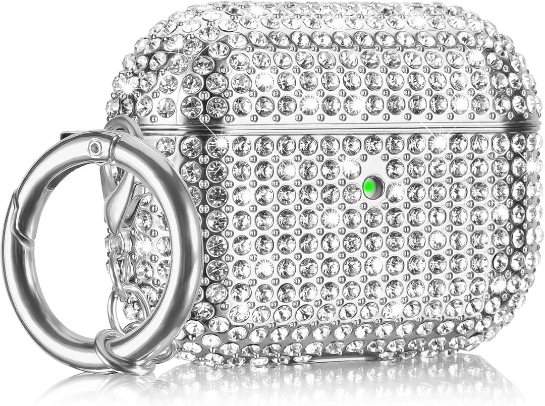 Case for AirPods Pro 2nd Generation, Filoto Cute AirPod Pro 2 Protective Case Cover for Women Girls, Bling Crystal PC Apple Air Pods Pro Cases Accessories with Lobster Clasp Keychain, Silver