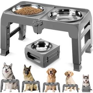 Elevated Dog Bowl Stand for Large Dogs - 2 Extra Large 10” Stainless Steel Bowls, 5 Adjustable Heights(7.5"-15.4"), Foldable Non-Slip & Durable, Portable Heavy Duty Travel Dog Feeder, Grey