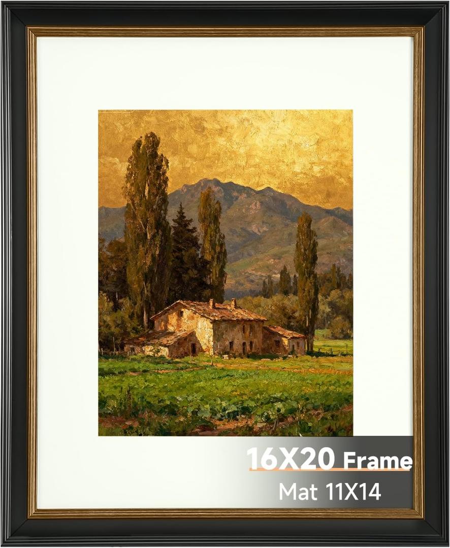 16x20 Black Picture Frame, 16 x 20 Vintage Photo Frame with Plexiglass, Antique Style Picture Frames for Wall & Tabletop, Display Poster 11x14 with Mat or 16x20 without Mat, Black with Gold Trim