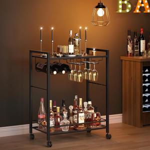 Joaxswe Bar Cart, Home Bar Serving Cart with 2-Tier Shelf,Rolling Beverage Cart with Wheels,Mobile Kitchen Shelf,Modern Black Drink Cart with Rack and Glass Holder for Kitchen,Dinning Room