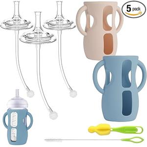 Straw Cup Conversion Kit with Silicone Sleeves for Avent Natural Glass Baby Bottle 8oz, Toddler Sippy Cups Transition Kit w Anti Breakage Bottle Holder Compatible with Philips Natural Baby Bottles 8oz