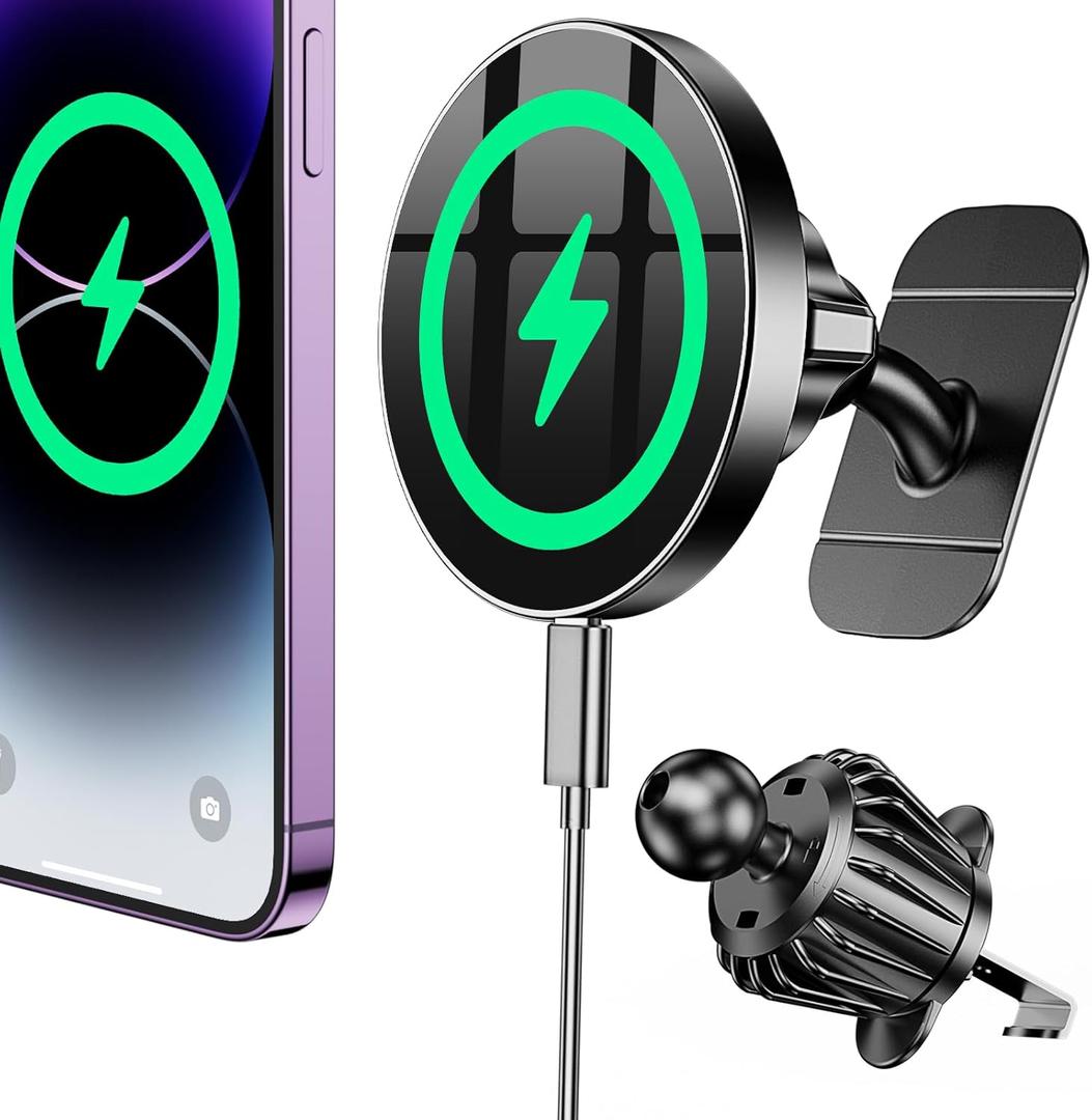 Coolpow for Magsafe Car Mount Charger100% Stable 15W Magsafe Car Charger Magnetic Phone Holders for Your Car Accessories for Women Men car Phone Holder Wireless Car Charger for iPhone (Black)