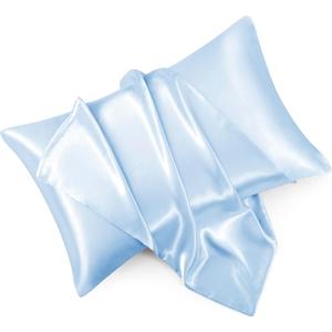 Light Blue Satin Pillowcase Queen Size Set of 2 for Hair and Skin, Light Blue Silk Pillowcase Breathable Pillowcase with Envelope Closure