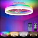 RGB Ceiling Fan with Lights, low profile ceiling fans with lights and remote, Flush Mount LED Fan Light, Modern Bladeless Fandelier for Bedroom Works with APP, 16IN White