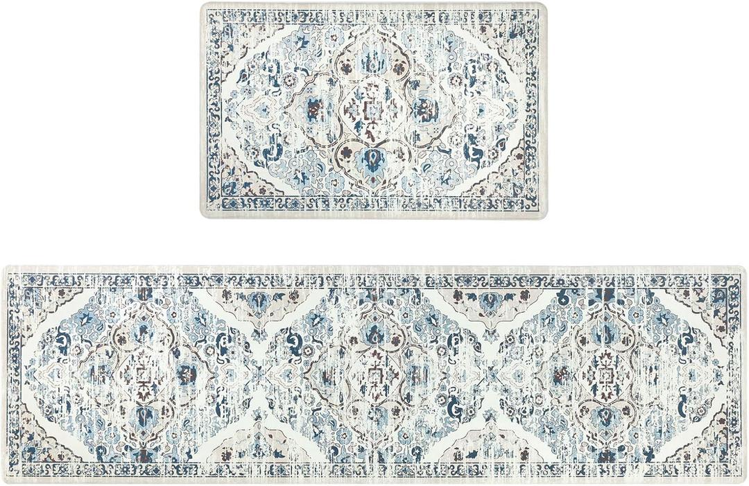 Ileading Large Kitchen Anti Fatigue Mat Set of 2 Non Skid Waterproof Kitchen Floor Mats Vintage Cushioned Comfort Standing Mat Boho Kitchen Rug Runner for Sink Laundry, 20"x71"+20"x32", Blue