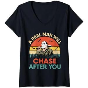 Womens Vintage Real Man Will Chase After You Halloween Character V-Neck T-Shirt Size M