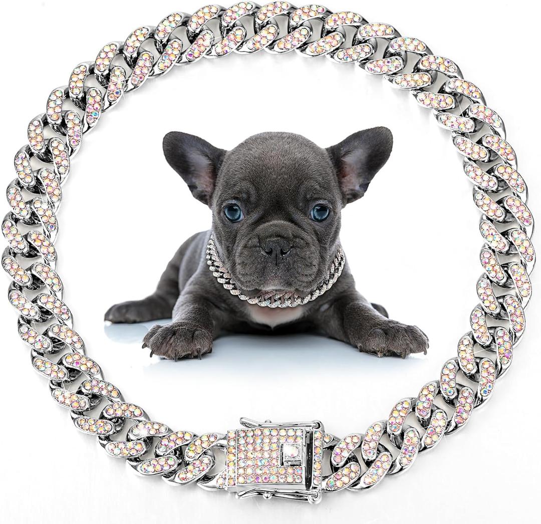 LEIFIDE Dog Chain Collar Diamond Link Puppy Collar 12 mm Wide Dog Necklace Metal Cat Chain Pet Crystal Necklace Jewelry Accessories for Small Medium Large Pet(12 Inch,Silver, AB Color)
