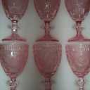 Pink Glass Goblets Wine Glassware, 10 oz Vintage Wine Glasses Set of 12, Romantic Wedding Glass Set, Embossed Drinking Stemware Beverage Cups for Wedding Engagement Christmas Party Bar, standard