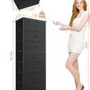 Mifuro Tall Fabric Dresser for Bedroom, Vertical Storage Organizer Tower with 7 Drawers, Chest of Drawers with Bins, Steel Frame, Wood Top for Bedroom, Closet, Entryway Black