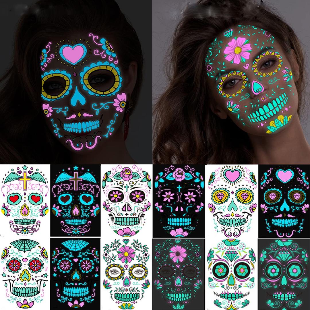 Halloween Day of Dead Face Tattoos, Neon Sugar Skull Tattoo, 6-Sheet Shimmer Designs Glow UV Neon Body Skin Tattoo Stickers for Men Boys Body Art