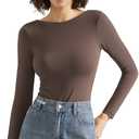 SUUKSESS Women Backless Y2k Long Sleeve Bodysuit Double Lined Open Back Sexy Basic Top (Brown, M)