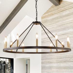 37.5" Black and Gold Chandelier, 12-Light Large Wagon Wheel Chandelier, Round Dining Room Light Fixture, Foyer Chandeliers for High Ceilings, for Kitchen Island, Living Room, Bedroom, Entryway