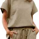 UNCLECAT Womens 2 Piece Lounge Sets Short Sleeve Tops and Shorts Travel Outfits Pajama Set with Pockets (Medium, Khaki)