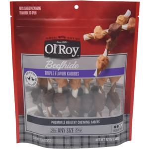 GYCO Triple Flavor Kabobs Rawhide Chews Dry for All Dogs, 12 Oz. Made with Real Chicken, Duck & Chicken Liver Beefhide Triple Flavo Kabobs, BB Date 08/16/2026