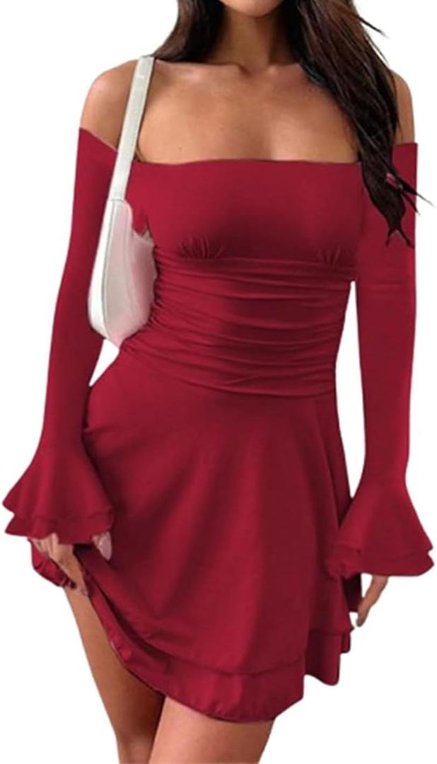 ABINGOO Women Off Shoulder Ruched Mini Dress Sexy Long Sleeve Ruffle Tiered Flowy Tube A Line Dress Fall Bodycon Short Dress (Red, L)