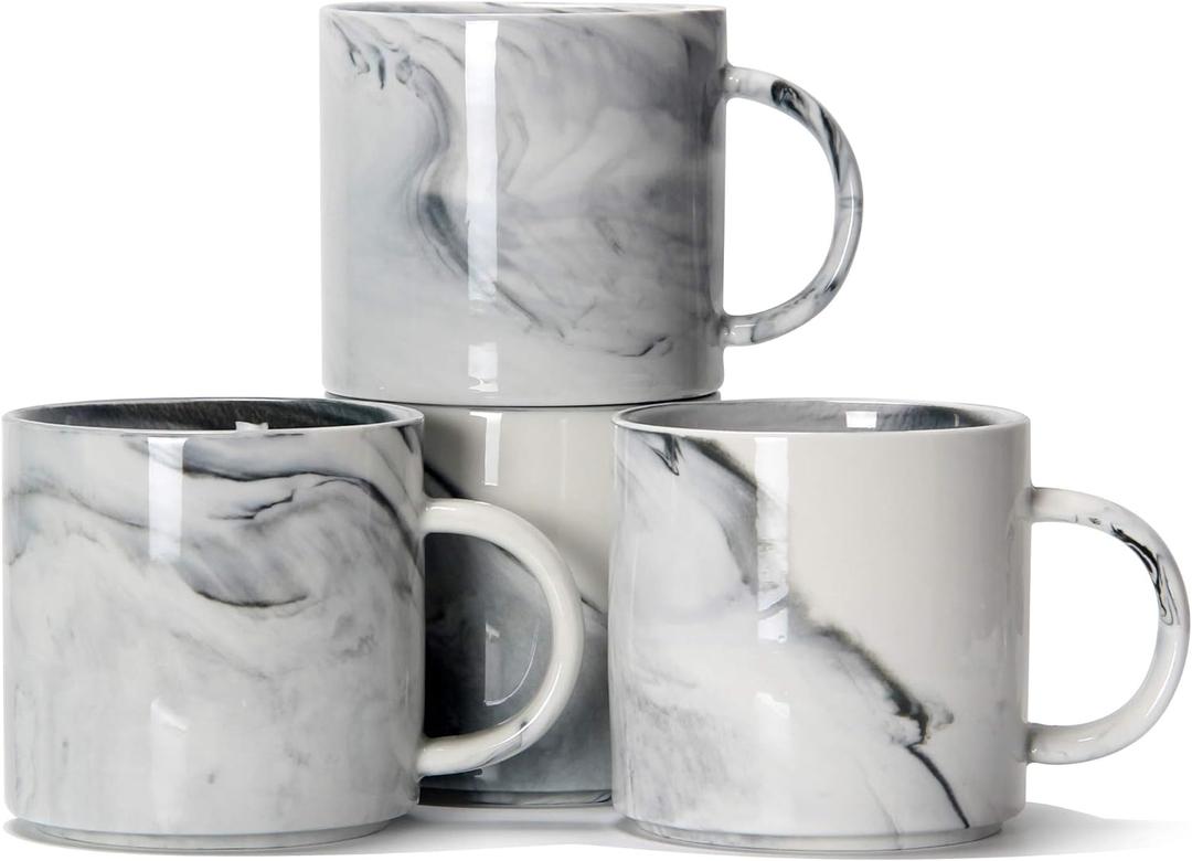 Smilatte 12 oz Stackable Coffee Mugs for Office, M101 Novelty Marble Ceramic Cup for Boy Girl lover Women Men, Set of 4, Gray