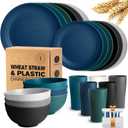 Teivio Kitchen Wheat Straw Dinnerware Set, Dinner Plates, Dessert Plate, Cereal Bowls, Cups, Unbreakable Plastic Outdoor Camping Dishes (Service for 6 (24 piece with flatware), Coastal Multicolor）