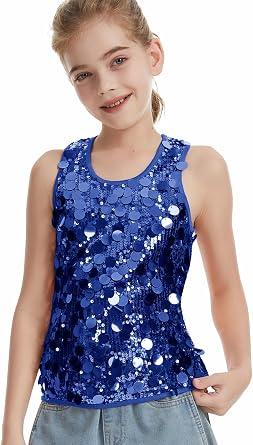 CharmWM Girls Sleeveless Tank Top Sequin Cami Camisole Sparkly Dance Vest Glitter, Size 150