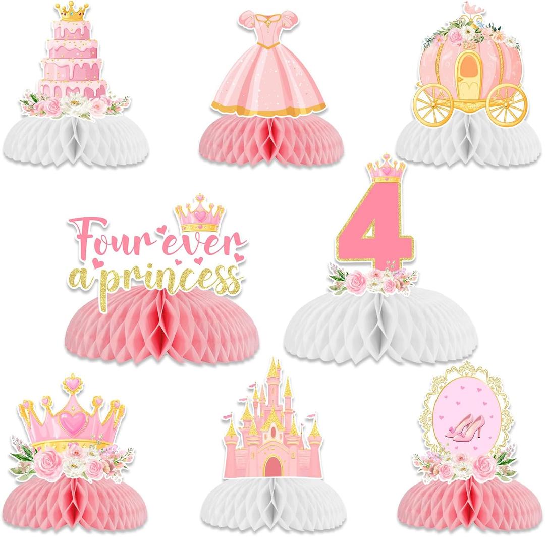 Sursurprise Princess 4th Birthday Party Decorations, 8Pcs Four Ever A Princess Honeycomb Centerpieces Table Toppers for Girls, Princess Themed 4 Years Old Birthday Party Supplies