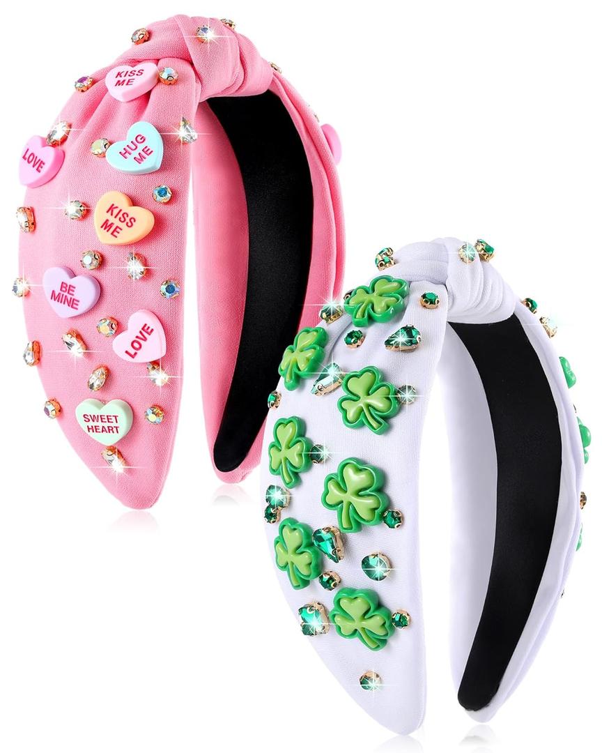 Zeyune 2 Pcs Valentines Day Headbands for Women Valentine Beaded Heart Headband Jeweled Rhinestone Knot Hair Accessories Mardi Gras Outfit for Holiday Gifts(Pink and White)