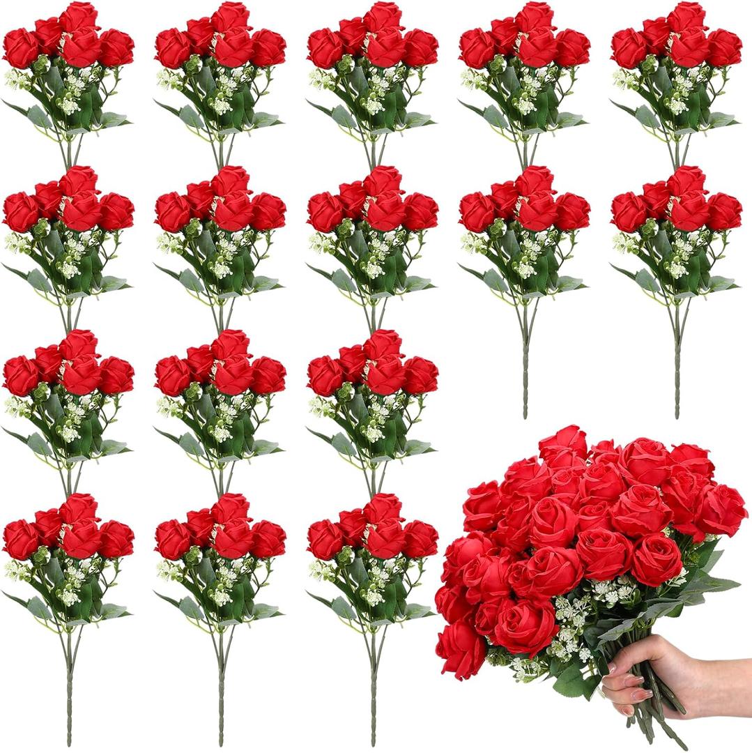 Jexine 16 Pack Artificial Roses Flower Bouquets Silk Fake Cream Flowers Bulk for Bridesmaid Bridal Wedding Party Decor, Home Vase Floral(Red)