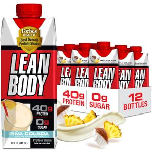 Lean Body Ready-to-Drink Pina Colada Protein Shake, 40g Protein, Whey Blend, 0 Sugar, Gluten Free, 22 Vitamins & Minerals, 17 Fl Oz (Pack of 12) (EXP 07/26/26)