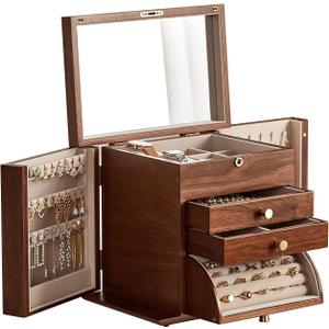 CHOSIN Black Walnut Wooden Jewelry Box, 4-Layer Lockable Organizer with Mirror, Rotatable Ring Holder,Side Doors & Brass Handle, Classical Design for Rings, Necklaces, Earrings, Christmas Gifts