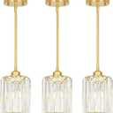 Gold Kitchen Pendant Lights Over Island with Adjustable Rods - Crystal Pendant Lighting Fixtures 3 Pack, Ideal Over Dining Table or Bar, E26 Bulb Compatible, No Electrician Needed (6in - 1 light(3 pcs))