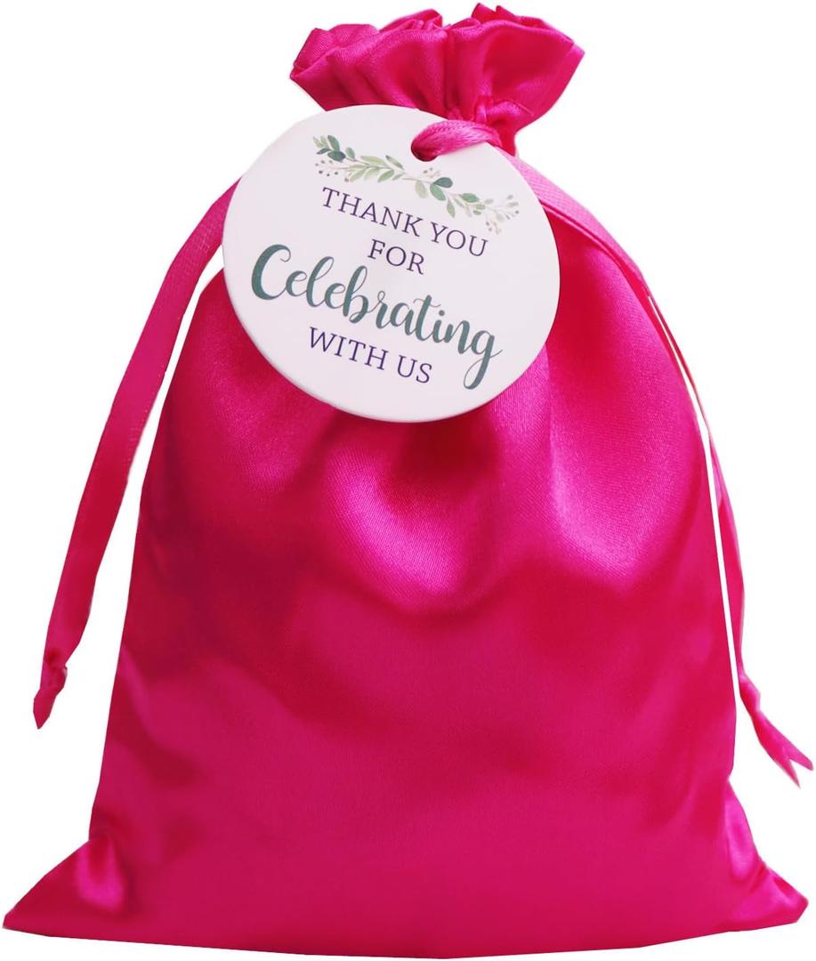 GUFIER 30 PCS Rose Pink Satin Drawstring Gift Bags with Thank You Tags, 5x7" Satin Gift Bags, Silk Jewelry Pouches, Bridal Shower, Wedding, Baby Shower Party Favor