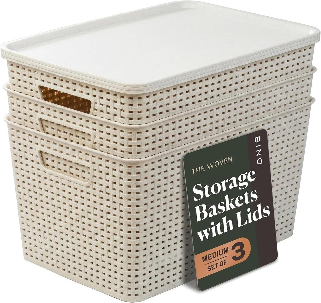 BINO | Plastic Storage Baskets with Lids, 22 Liter - 3 Pack, Natural | THE WOVEN COLLECTION | Storage Basket for Shelves | Woven Storage Baskets for Organizing Bins | Pantry Shelf Organizer Bin
